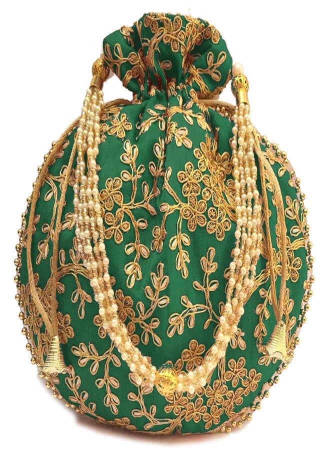 KYZZO Rajasthani Style Royal Clutch Silk Batwa Bag Wristlets Ethnic Potli For Women's Zari Work Potli Bridal Potli, Green - Image 1